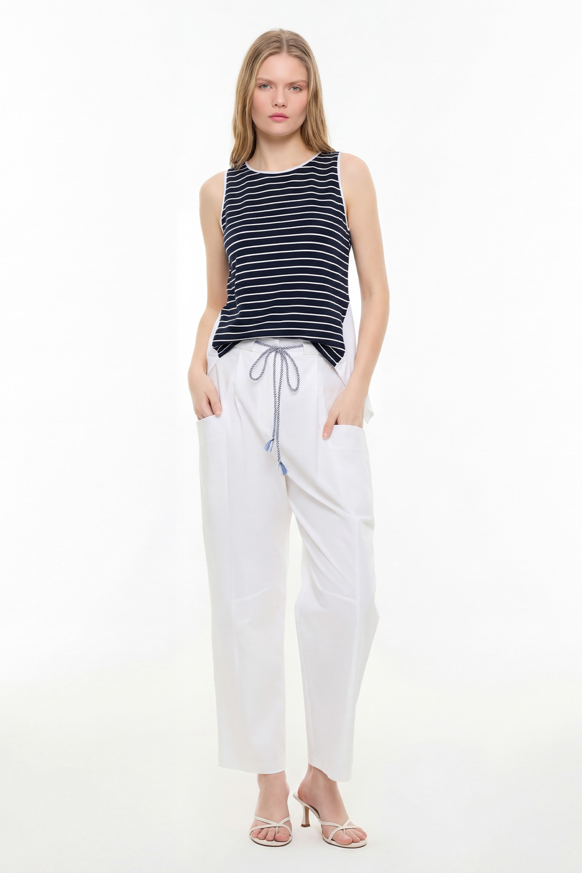 Plise Detaylı Bluz Lacivert - Beyaz