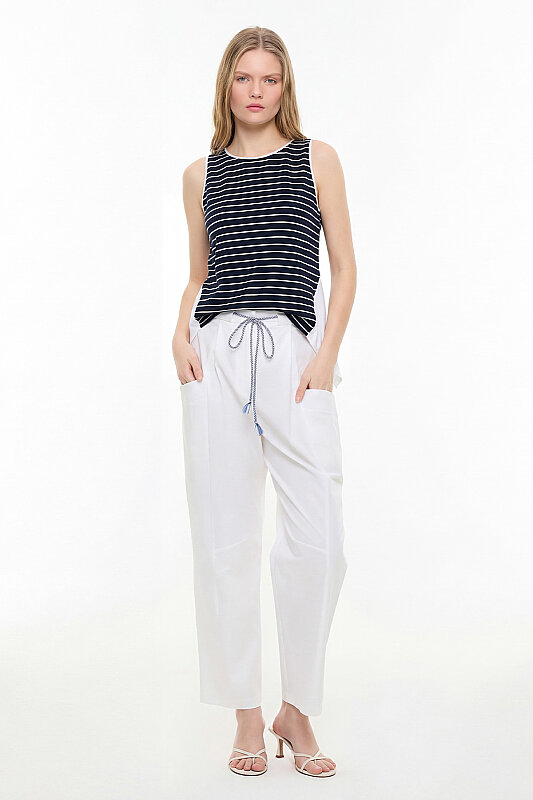 Plise Detaylı Bluz Lacivert - Beyaz - Roman