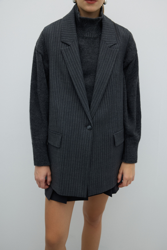 Lurex Çizgili Erkek Yaka Yelek Gri - 3