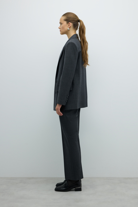 Lurex Çizgili Yün Karışımlı Kruvaze Ceket Gri - 4