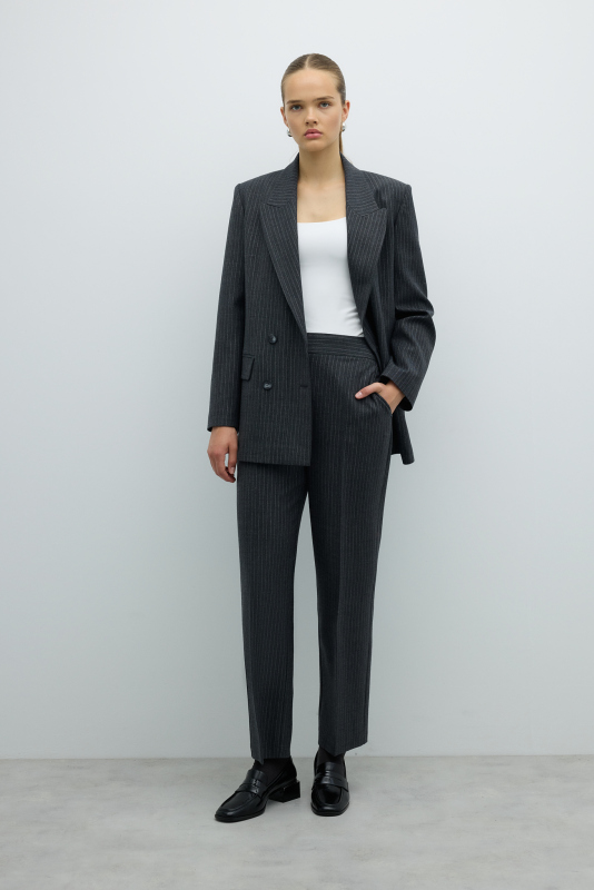 Lurex Çizgili Yün Karışımlı Kruvaze Ceket Gri - 3