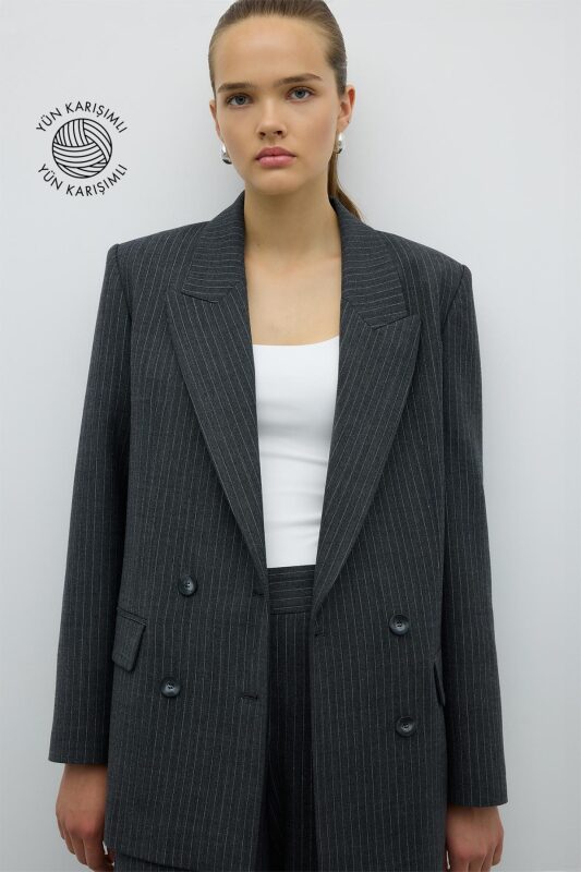 Lurex Çizgili Yün Karışımlı Kruvaze Ceket Gri - Roman