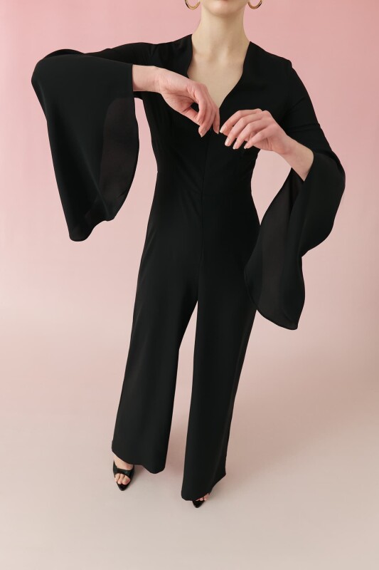 Spanish Sleeve V-Neck Jumpsuit Black - 3