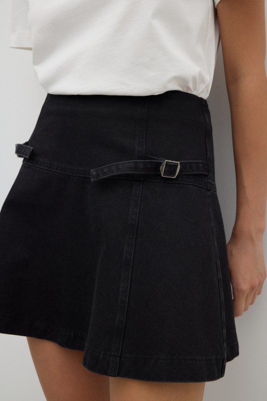 Metal Tokalı Denim Mini Etek Siyah - 4