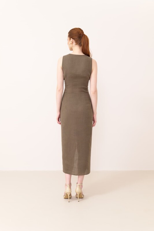 Midi Keten Elbise Haki - 2