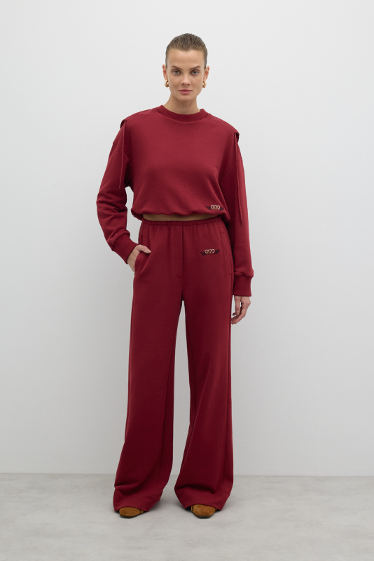 Nakış Detaylı Beli Lastikli Geniş Paça Pantolon Bordo - 1