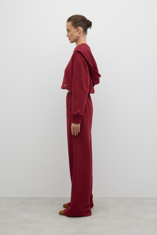 Nakış Detaylı Beli Lastikli Geniş Paça Pantolon Bordo - 3