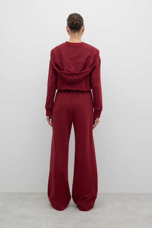 Nakış Detaylı Beli Lastikli Geniş Paça Pantolon Bordo - 2