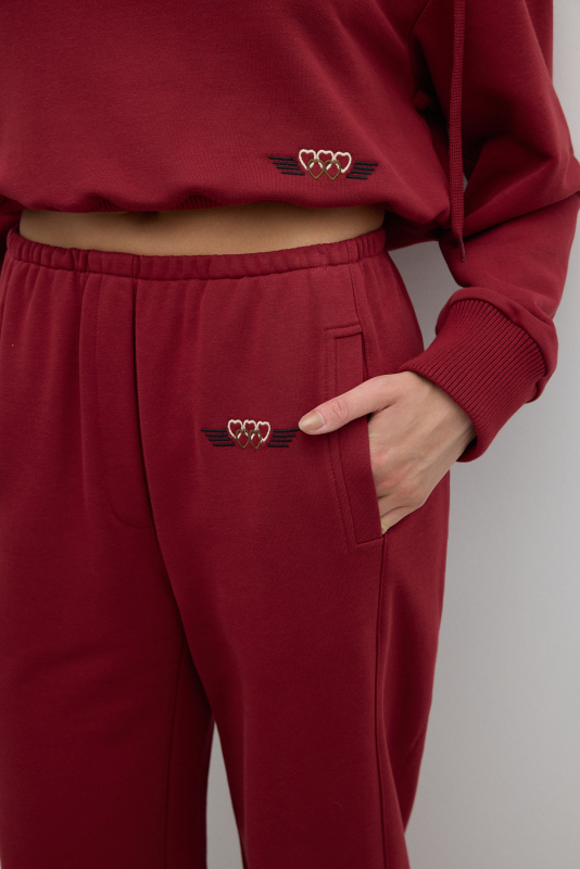 Nakış Detaylı Beli Lastikli Geniş Paça Pantolon Bordo - 4