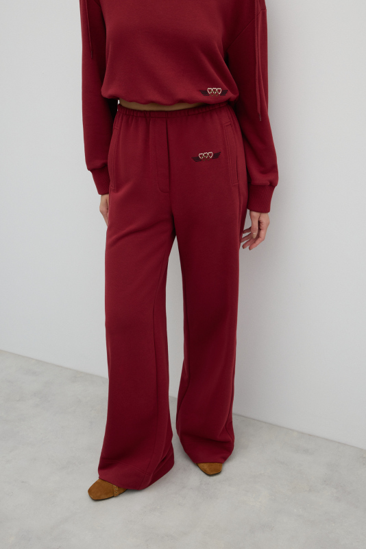 Nakış Detaylı Beli Lastikli Geniş Paça Pantolon Bordo - 5