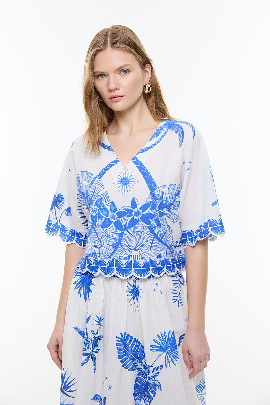 Nakış Detaylı Crop Bluz Mavi - Beyaz - 6