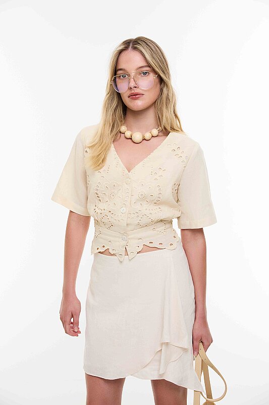 Nakış Detaylı Crop Bluz Naturel - Roman