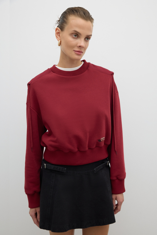 Nakış Detaylı Kapüşonlu Sweatshirt Bordo - Roman