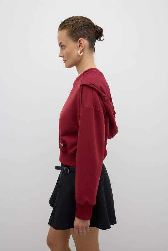 Nakış Detaylı Kapüşonlu Sweatshirt Bordo - 3