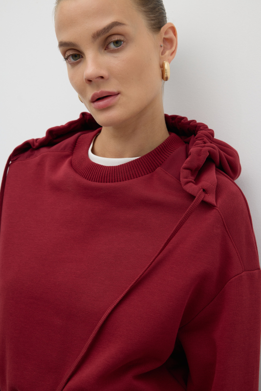 Nakış Detaylı Kapüşonlu Sweatshirt Bordo - 5