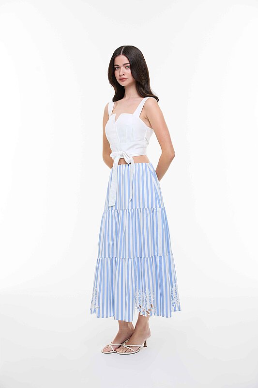 Nakış İşlemeli Poplin Etek Mavi - Beyaz - 3