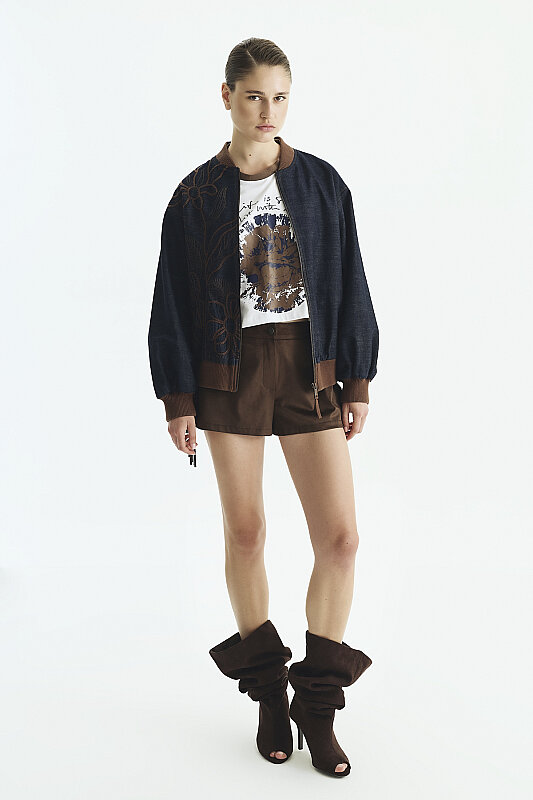 Nakışlı Bomber Denim Ceket Lacivert - Roman
