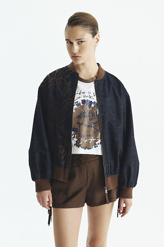 Nakışlı Bomber Denim Ceket Lacivert - Roman (1)