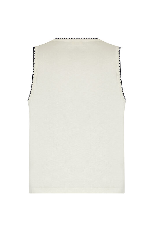Nakışlı Brodeli Kolsuz T-shirt Ekru - 6