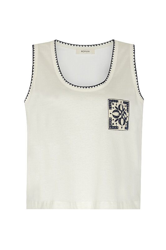 Nakışlı Brodeli Kolsuz T-shirt Ekru - 5
