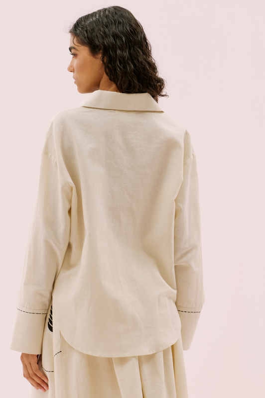 Nakışlı Keten Gömlek Bej- Siyah - 2