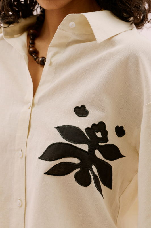 Nakışlı Keten Gömlek Bej- Siyah - 3