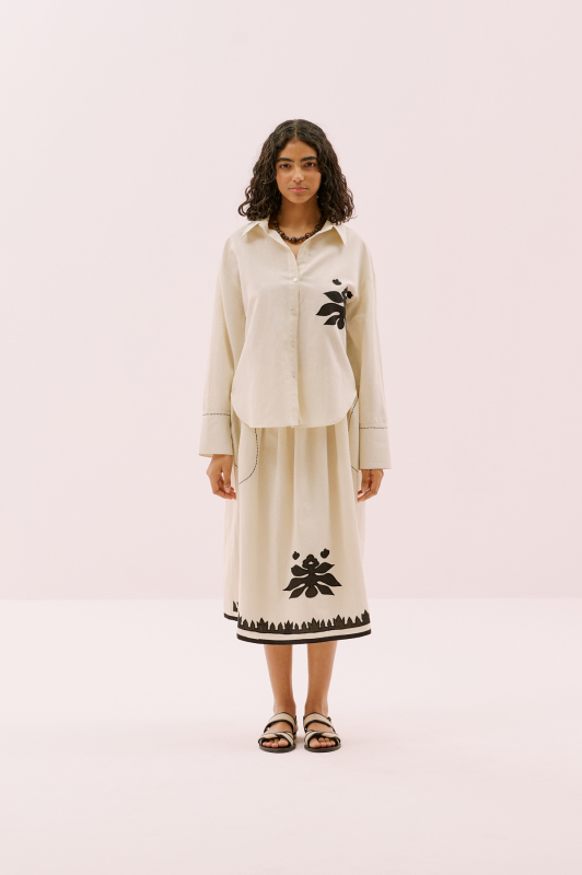 Nakışlı Keten Gömlek Bej- Siyah - 4