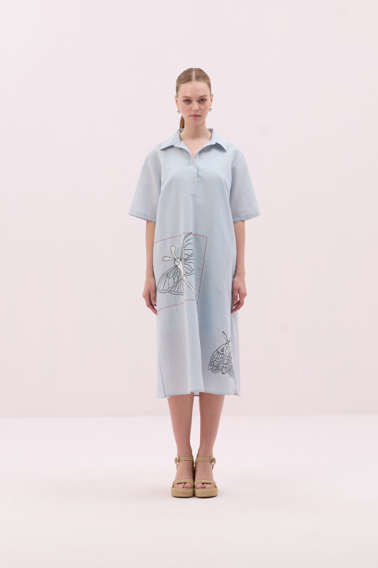 Nakışlı Keten Midi Boy Elbise Buz Mavisi - 3