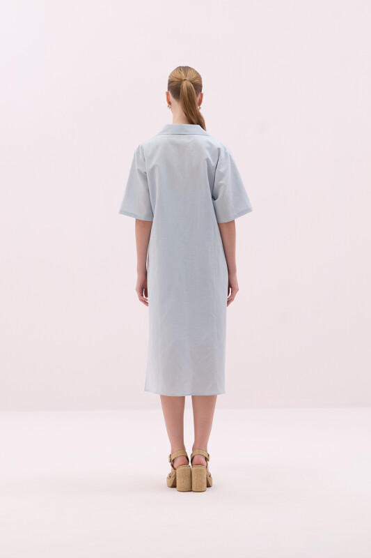 Nakışlı Keten Midi Boy Elbise Buz Mavisi - 2