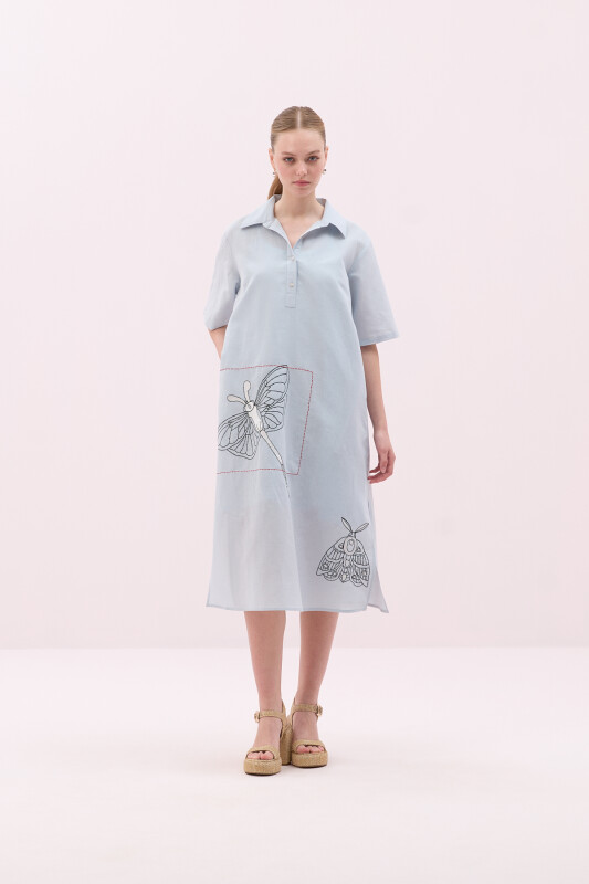 Nakışlı Keten Midi Boy Elbise Buz Mavisi - 4