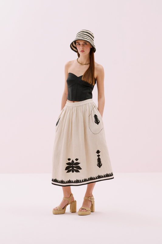 Nakışlı Midi Boy Keten Etek Bej- Siyah - 3