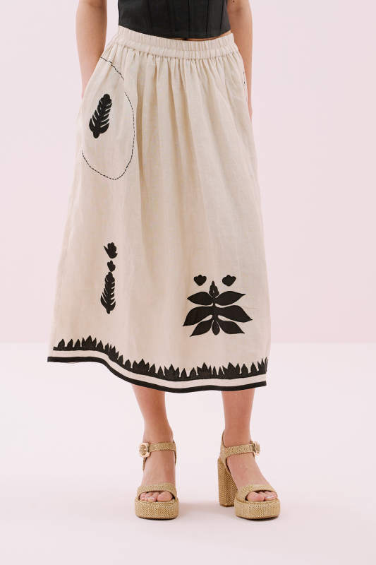 Nakışlı Midi Boy Keten Etek Bej- Siyah - 4