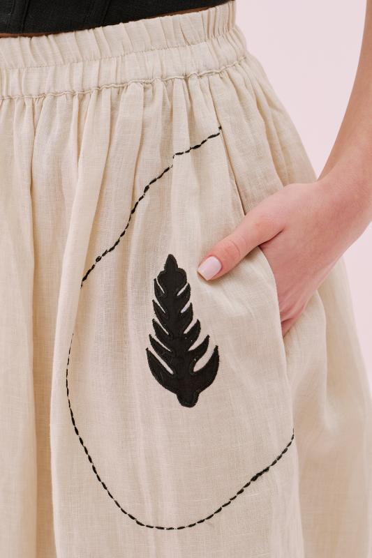 Nakışlı Midi Boy Keten Etek Bej- Siyah - 5