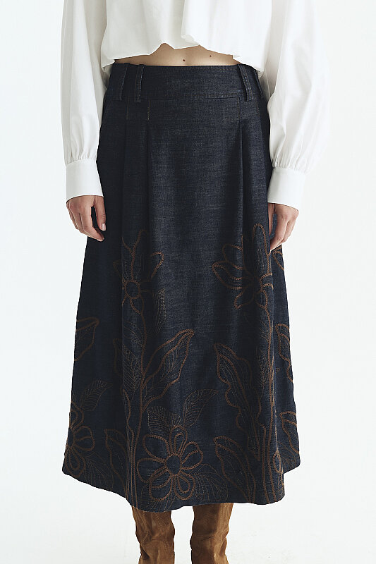 Nakışlı Pili Detaylı Denim Etek Lacivert - 3