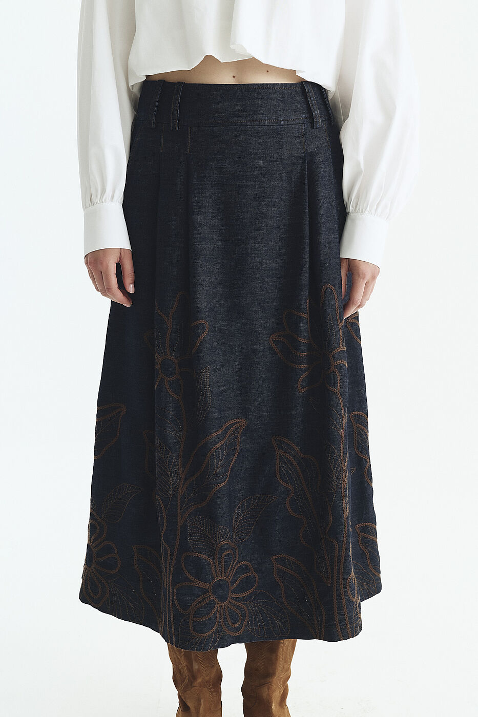 Nakışlı Pili Detaylı Denim Etek Lacivert - 3