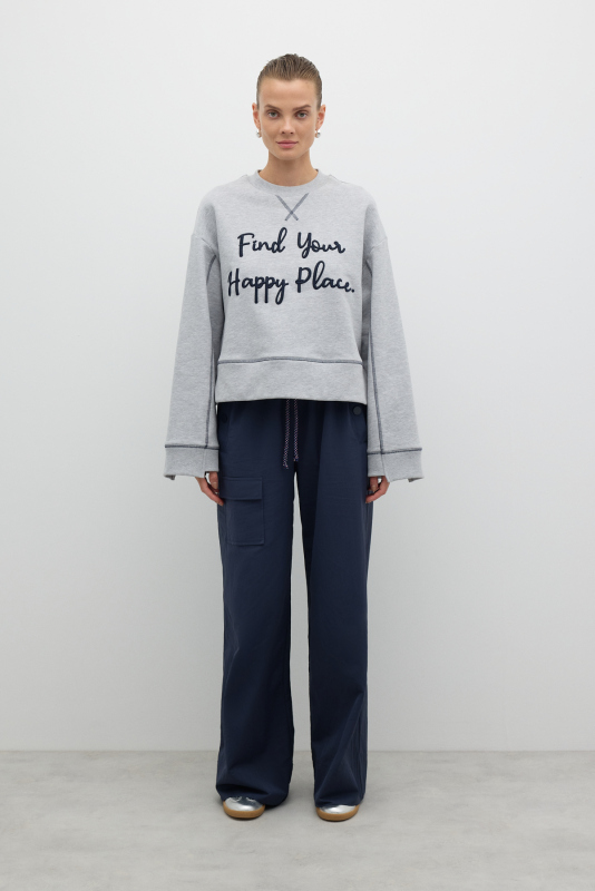 Nakışlı Sweatshirt Gri - 5