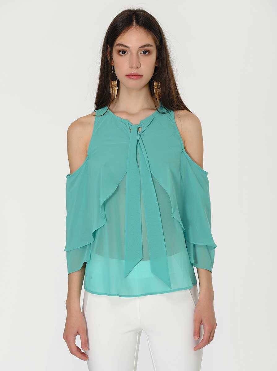 Off Shoulder Bluz Cam Göbeği - 1