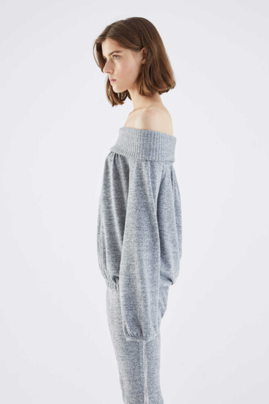  Omuz Dekolteli Kadın Sweatshirt Gri - Melanj - 3