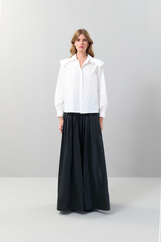 Omuzları Fiyonk Görünümlü Uzun Kol Gömlek Beyaz - 3