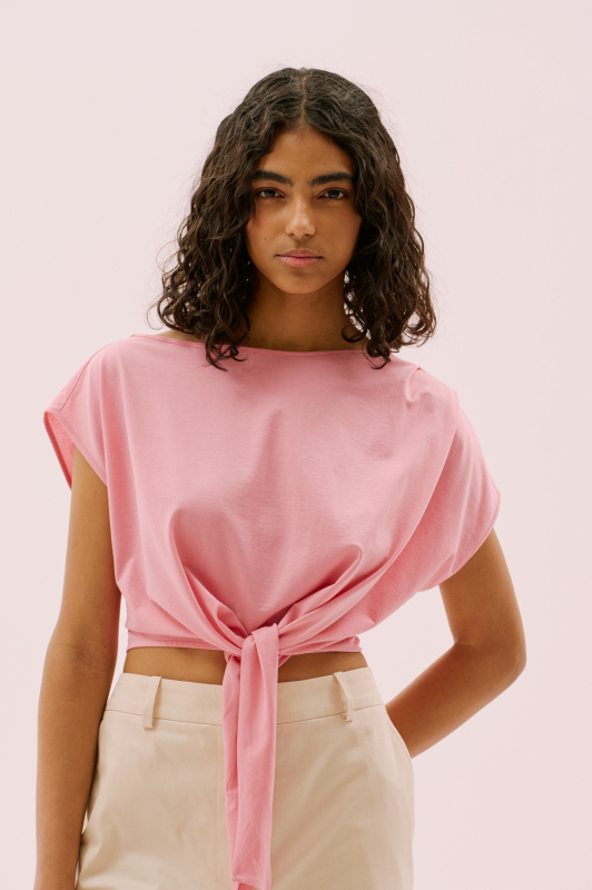 Omuzu Pili Detaylı Belden Bağlamalı T-Shirt Pembe - 1