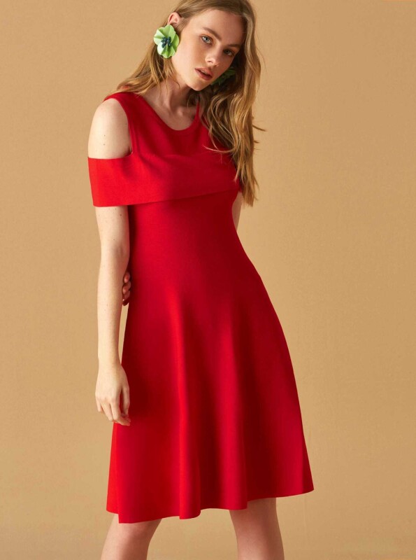 Omuzu Triko Midi Boy Elbise Kırmızı - 3