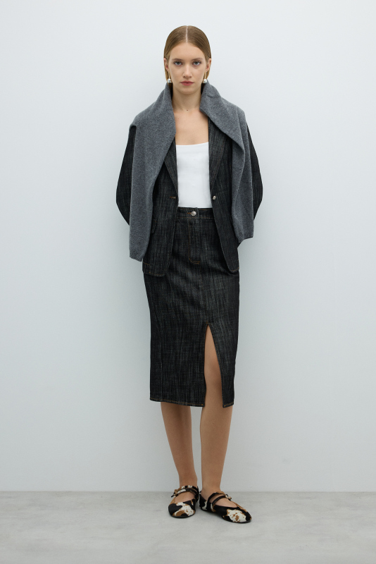 Ön ve Arka Yırtmaç Detaylı Midi Boy Etek Siyah - 1