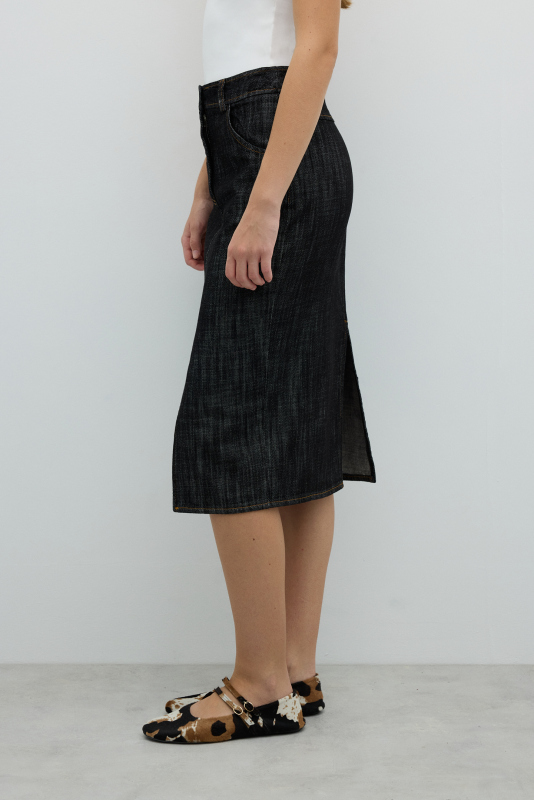 Ön ve Arka Yırtmaç Detaylı Midi Boy Etek Siyah - 4