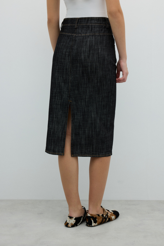 Ön ve Arka Yırtmaç Detaylı Midi Boy Etek Siyah - 2