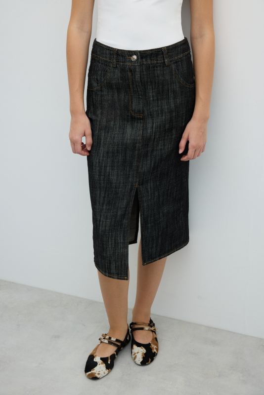 Ön ve Arka Yırtmaç Detaylı Midi Boy Etek Siyah - 5