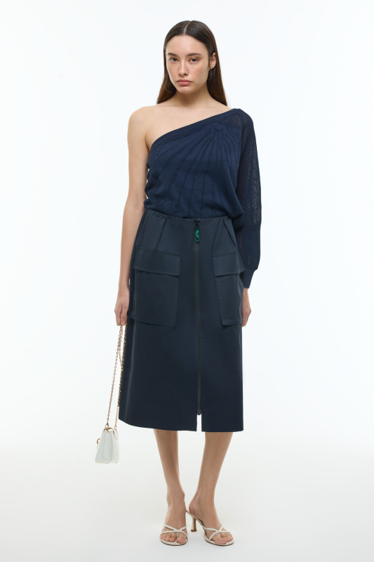 Önden Fermuarlı Çift Cepli Beli Lastikli Midi Etek Lacivert - Roman