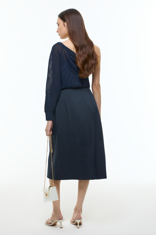 Önden Fermuarlı Çift Cepli Beli Lastikli Midi Etek Lacivert - Roman (1)