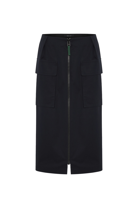 Önden Fermuarlı Çift Cepli Beli Lastikli Midi Etek Lacivert - 4