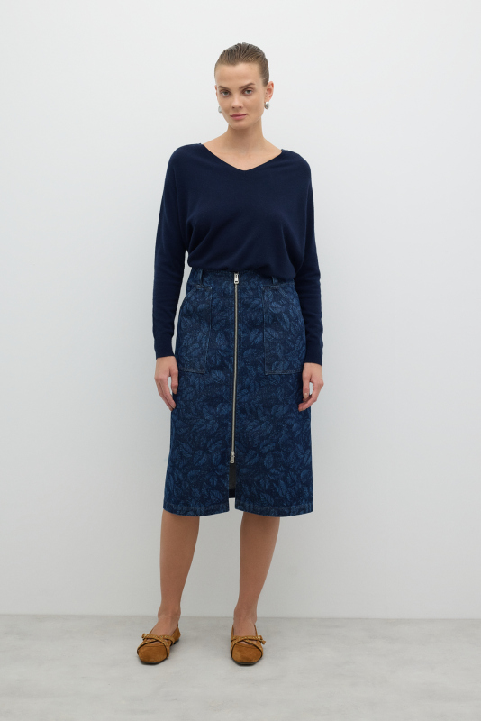 Önden Metal Fermuarlı Çift Cepli Midi Boy Etek İndigo - 3