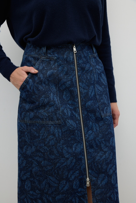 Önden Metal Fermuarlı Çift Cepli Midi Boy Etek İndigo - 5